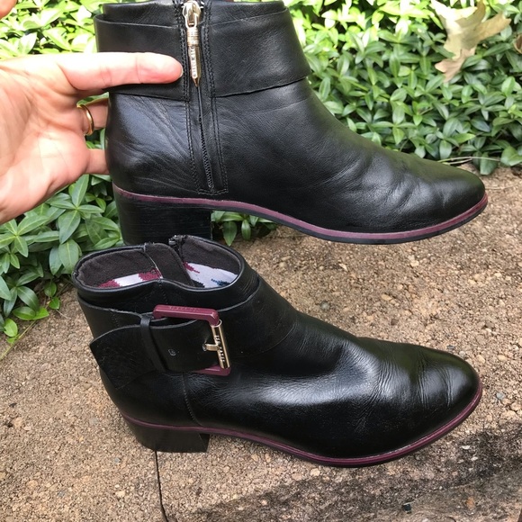 Ted Baker Ankle Boots Booties Black Leather Womens 37 Purple Lucite Buckle - Picture 8 of 11